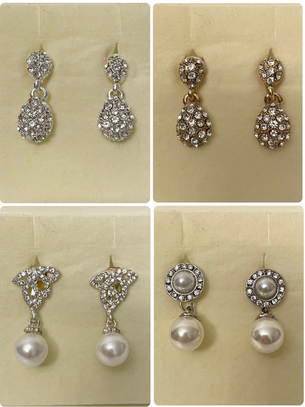 🅱️ NWOT 4 Clip-on Earrings - Rhinestone and Faux Pearl Drop Silver and Gold Tone